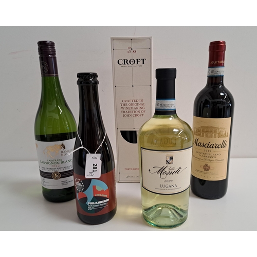 281 - SELECTION OF WINE, PORT AND BEER
comprising one bottle of Croft Fine White Port (75cl and 20%); one ... 