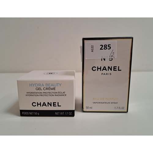 285 - NEW AND BOXED CHANEL TOILETRIES
comprising Chanel No.5 eau de parfum (50ml) and Hydra Beauty Gel Cre... 