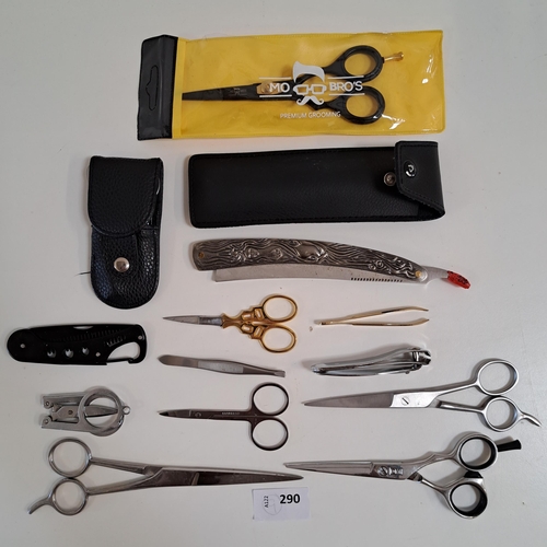 290 - SELECTION OF SCISSORS, RAZORS AND OTHER ITEMS
including hair scissors and nail scissors
Note: You mu... 