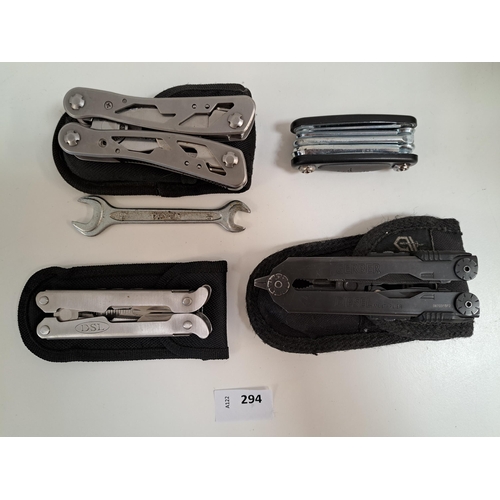 294 - THREE CASED MULTI TOOLS
by Gerber, Stanley and DSL; together with a bike tool
Note: You must be over... 