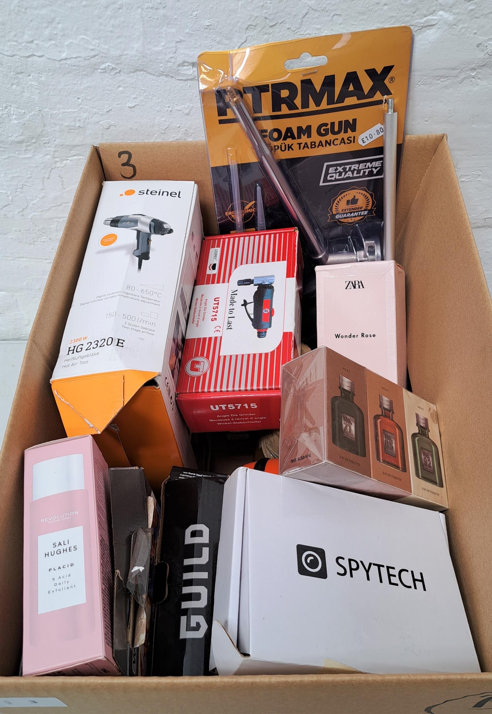 ONE BOX OF NEW ITEMS including hot air tool, three electric screwdrivers,  foam gun, Wahl clippers, t