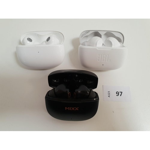 97 - THREE PAIRS OF EARBUDS IN CHARGING CASES
comprising Jbl, Mixx and Xiaomi