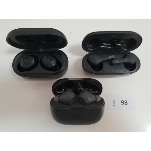 98 - THREE PAIRS OF EARBUDS IN CHARGING CASES
comprising Jvc, Jbl and Jlab