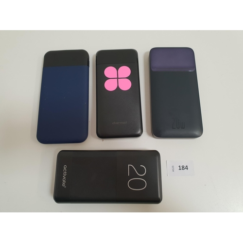 184 - SELECTION OF FOUR POWERBANKS
including Charmast, Activate