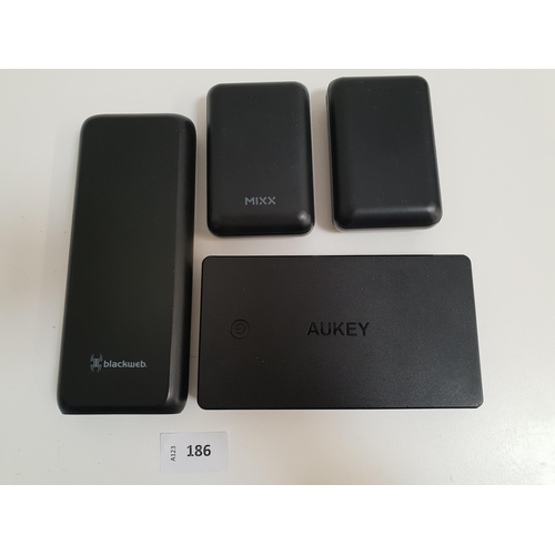 186 - SELECTION OF FOUR POWERBANKS
including Blackweb, Aukey, Mixx