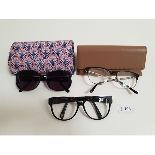 196 - THREE PAIRS OF DESIGNER GLASSES AND SUNGLASSES
comprising Balmain glasses, Burberry glasses and Libe... 