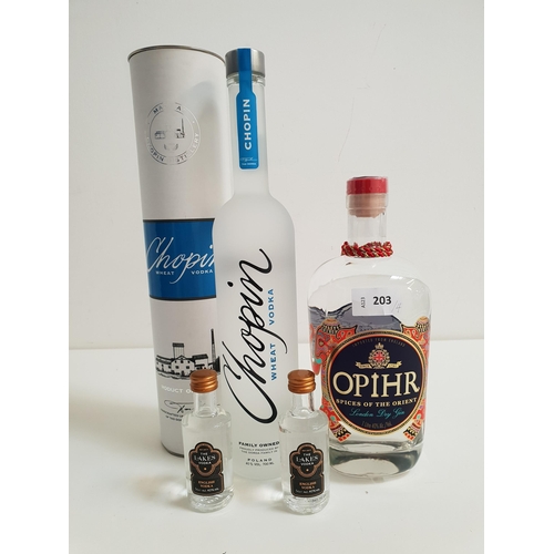 203 - SELECTION OF SPIRITS 
comprising Chopin Wheat Vodka (40%, 700ml), Opihr London Dry Gin (40%, 1L) and... 