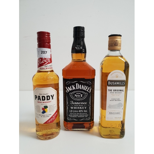 207 - THREE BOTTLES OF WHISKEY
comprising Jack Daniel's Tennessee Whiskey (40%,1L), Bushmills The Original... 