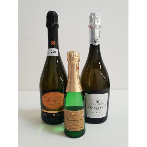 209 - THREE BOTTLES OF PROSECCO 
comprising San Vito Extra Dry prosecco (11%, 750ml), Co-op Irresistible S... 