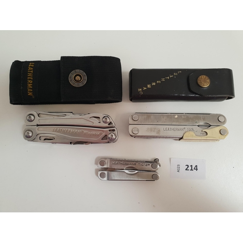 214 - THREE LEATHERMAN MULTI-TOOLS
comprising Wingman, Micra, Tool (3)