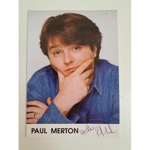 135 - PAUL MERTON
signed colour portrait postcard measuring 15cm x 10.5cm
Note: English writer, actor, com... 