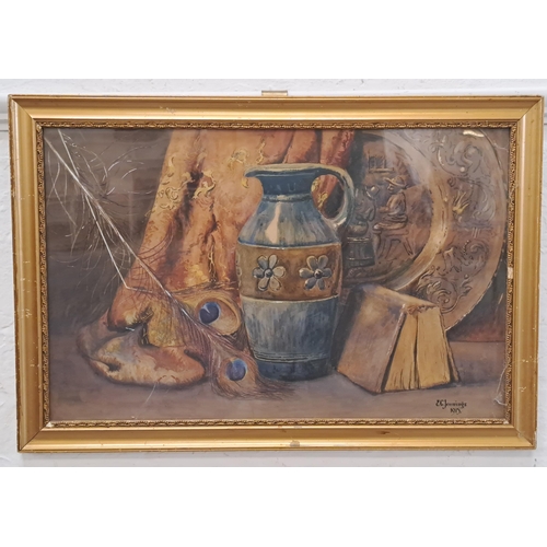 305 - E.C. JENNINGS
Still life, jug, book and peacock feather, watercolour, signed and dated 1915, 35.5cm ... 