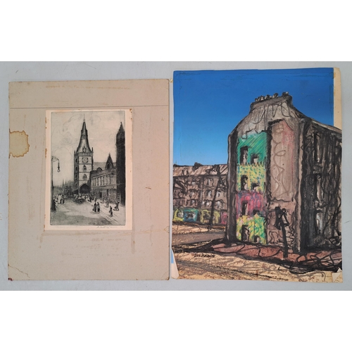 327 - FOLIO OF ASSORTED PICTURES
including W. Glover, Scottish loch and Harbour side, both watercolours, s... 