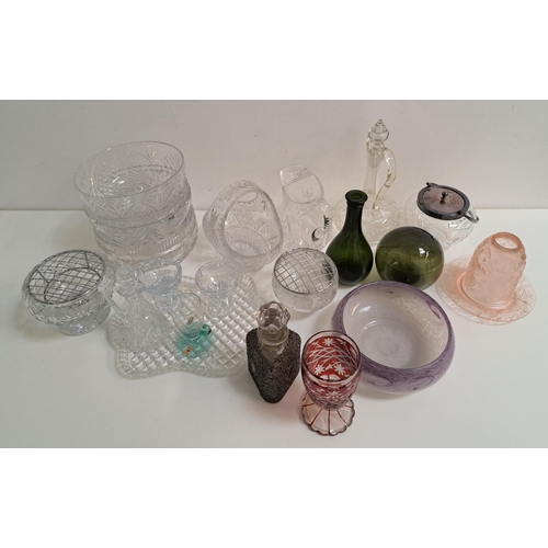 152 - SELECTION OF CRYSTAL AND GLASSWEAR 
including a purple Vasart glass bowl, a vintage fishing float by... 