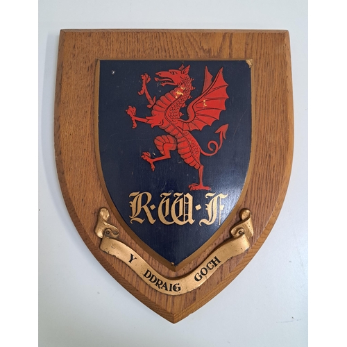 208 - ROYAL WELSH FUSILERS OAK SHEILD PLAQUE
the red dragon rampant on a field of blue with the initials R... 