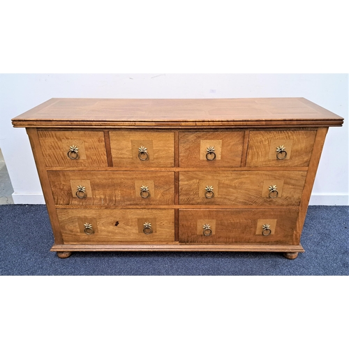 338 - TEAK AND CROSSBANDED LARGE CHEST OF DRAWERS
with a panelled top above four short frieze drawers and ... 