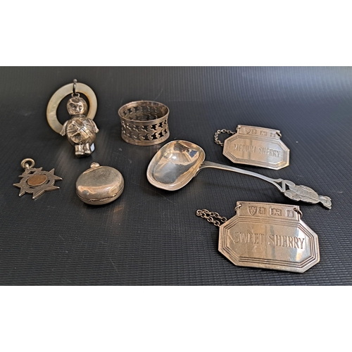 140 - SELECTION OF SILVER ITEMS
comprising two decanter labels - Sweet Sherry and Medium Sherry; a pierced... 