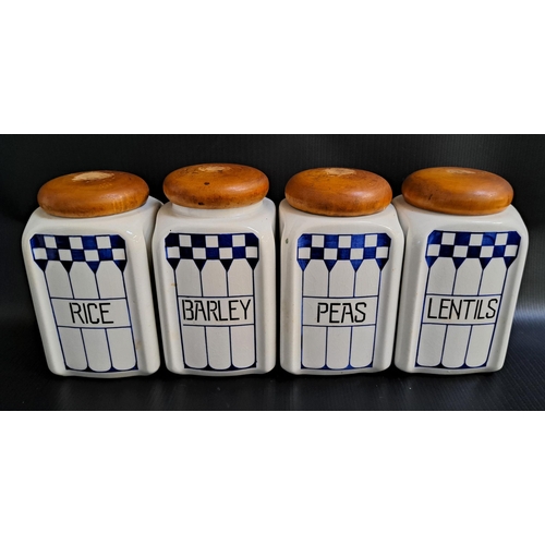 153 - SET OF FOUR ART DECO CERAMIC KITCHEN STORAGE JARS
by Felix, for Lentils, Barley, Peas and Rice, all ... 