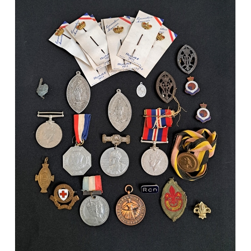 287 - SELECTION OF MEDALS BADGES AND PINS
including Elizabeth II coronation pins and lapel badges, two 193... 