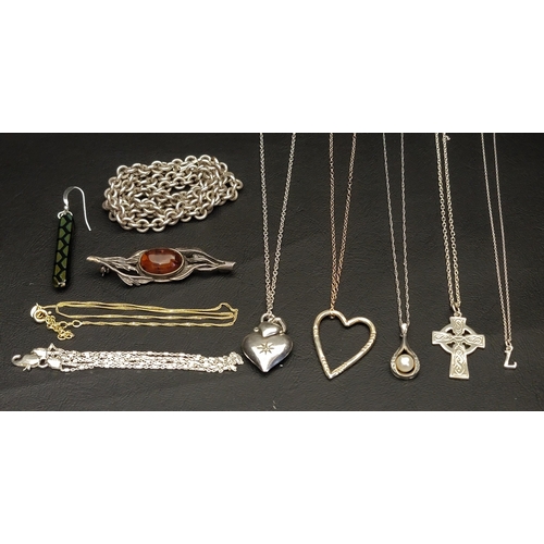 111 - SELECTION OF SILVER JEWELLERY
including an amber set brooch, a Celtic cross necklace, neck chains, a... 