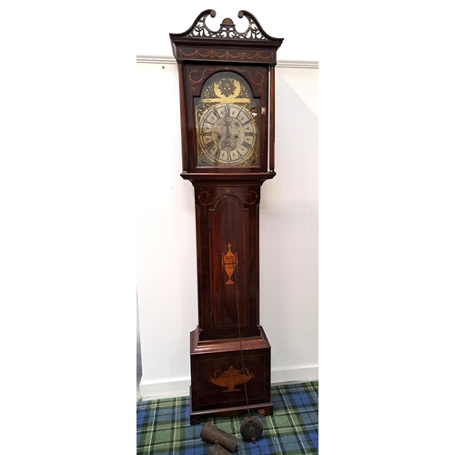 341 - SCOTTISH MAHOGANY AND INLAID LONGCASE CLOCK
the arched brass dial with a sunburst above a silvered d... 