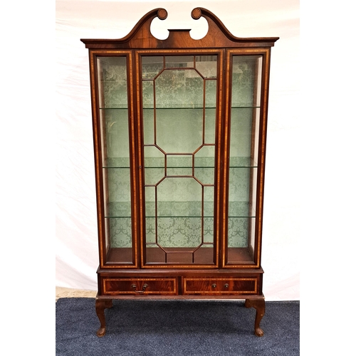 396 - EDWARDIAN MAHOGANY AND INLAID DISPLAY CABINET
with a swan neck pediment above a central astragal gla... 