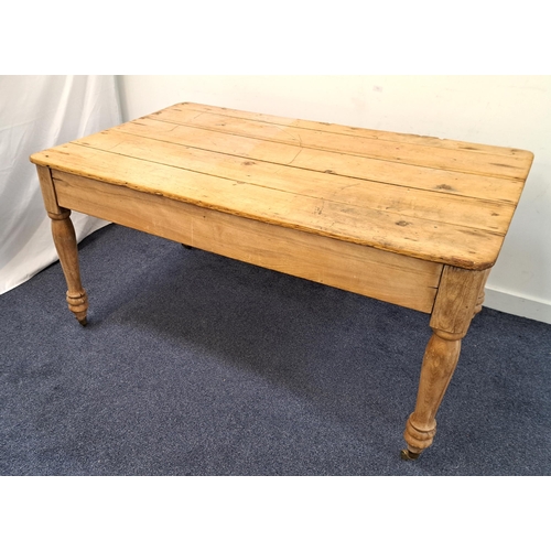 401 - 19th CENTURY PINE WAXED FARMHOUSE TABLE
with a plank top, standing on turned tapering supports with ... 