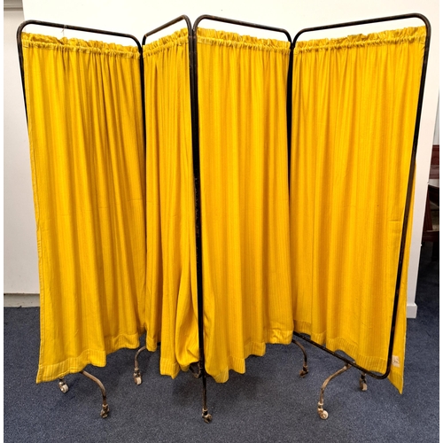 435 - 1930s HOSPITAL FOUR FOLD FLORAL SCREEN
on casters and with yellow stripe panels, 172cm high