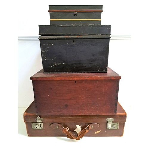 210 - SELECTION OF BOXES AND CASES
comprising a metal cash box, a metal deed box, a leather suitcase and a... 