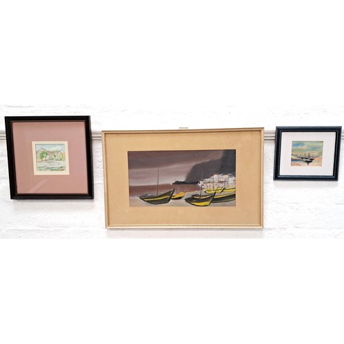 324 - B. COATES
Moored boats, watercolour, signed and dated '98, 9cm x 10.5cm; H.E. Lawson, Loch Etive, wa... 