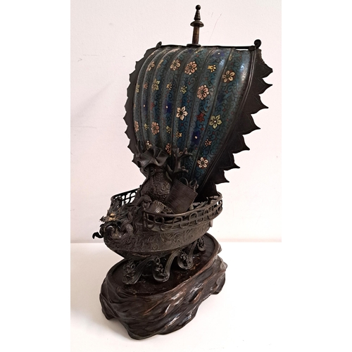 200 - 19th CENTURY BRONZE TAKARABUNE
with a cloisonne sail and lift up deck section to reveal an incense b... 