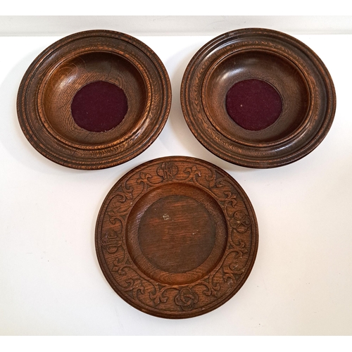 225 - PAIR OF OAK CHURCH OFFERTORY PLATES
of turned circular form, 26cm diameter, together with a similar ... 