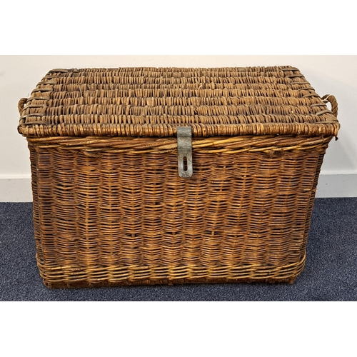 228 - WICKER LAUNDRY BASKET
with a lift up lid, hasp closure and side carrying handles, 48.5cm x 74cm