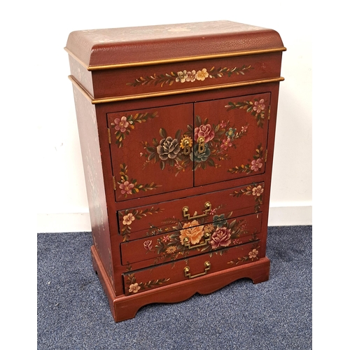 399 - CHINESE STYLE LACQUERED CABINET
with a domed lift up lid above a pair of cupboard doors with three d... 