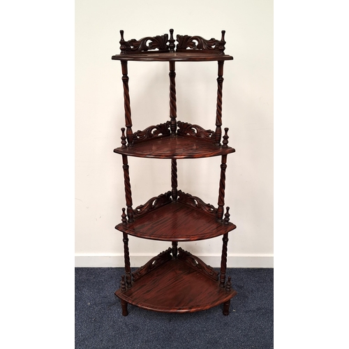 406 - ROSEWOOD WHATNOT
the four graduated corner tiers with carved pierced backs on twisted supports, 140.... 