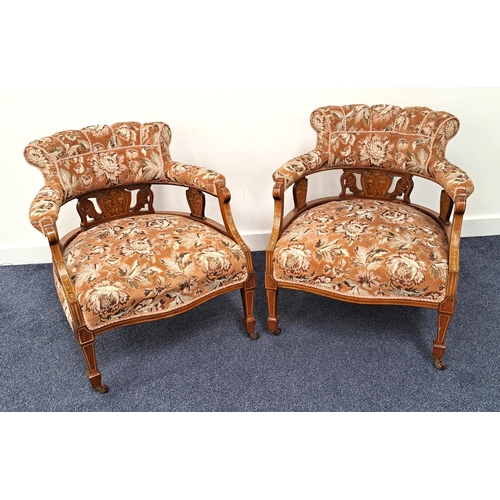 417 - PAIR OF EDWARDIAN AND INLAID PARLOUR CHAIRS
with padded hoop backs and arms above shaped and inlaid ... 