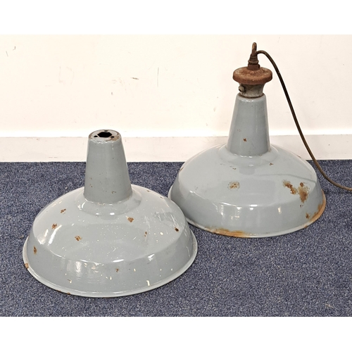 424 - PAIR OF INDUSTRIAL PENDENT LAMPS
in grey enamel, both lacking fittings, 46cm diameter (2)