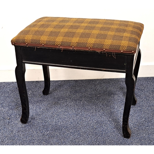 428 - EBONISED PIANO STOOL
with a padded lift up seat, standing on cabriole supports, 49.5cm x 58cm