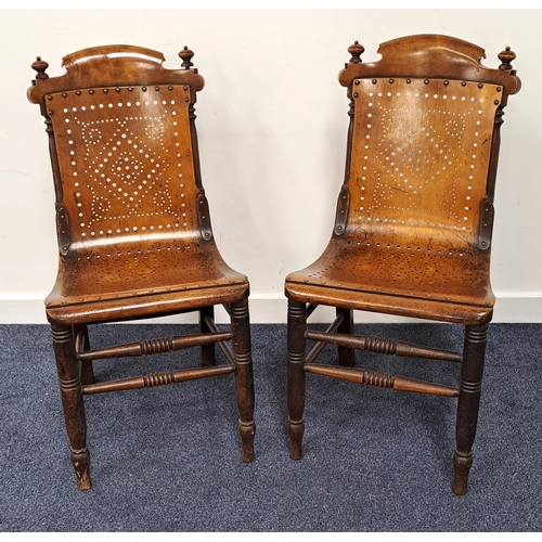 432 - PAIR OF ARTS AND CRAFTS BENTWOOD CHAIRS
with shaped and carved top rails above one piece pressed pie... 