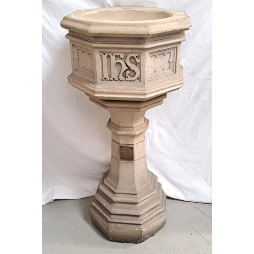 437 - CARVED STONE ECCLESIASTICAL FONT
the hexagonal top inset with carved bowl with a carved panel frieze... 