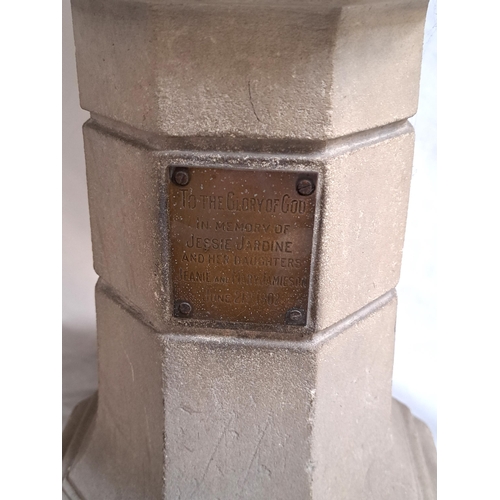 437 - CARVED STONE ECCLESIASTICAL FONT
the hexagonal top inset with carved bowl with a carved panel frieze... 