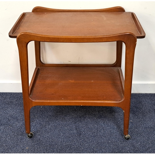 438 - TEAK TEA TROLLEY 
with shaped sides and two tiers, standing on shaped supports with casters, 68cm x ... 