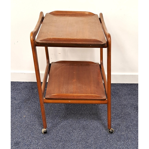 438 - TEAK TEA TROLLEY 
with shaped sides and two tiers, standing on shaped supports with casters, 68cm x ... 