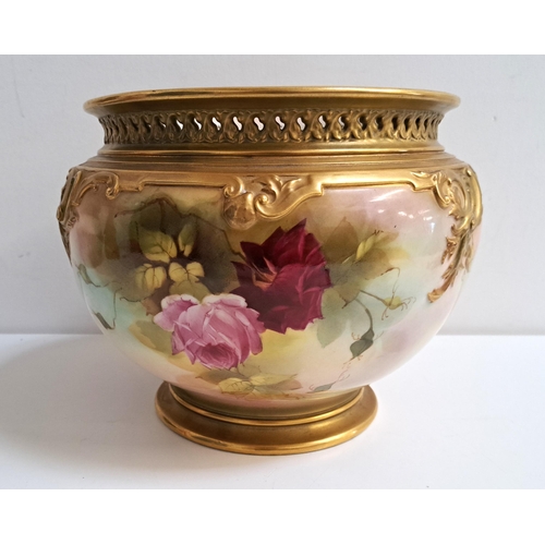 161 - ROYAL WORCESTER JARDINIERE BY J. LLEWELLYN
of circular form with pierced rim, the body decorated wit...