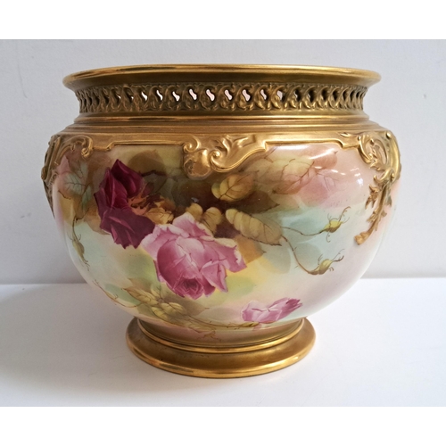 161 - ROYAL WORCESTER JARDINIERE BY J. LLEWELLYN
of circular form with pierced rim, the body decorated wit... 