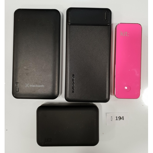 194 - SELECTION OF FOUR POWERBANKS
including Blackweb, Asperx, Juice