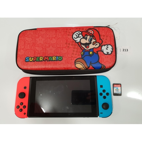 213 - NINTENDO SWITCH
s/n XKJ70066844016, in a Super Mario case with a Pokemon Sword game