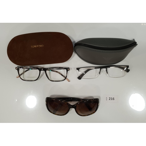 216 - THREE PAIRS OF DESIGNER GLASSES AND SUNGLASSES
comprising Prada sunglasses, Tom Ford glasses and Emp... 