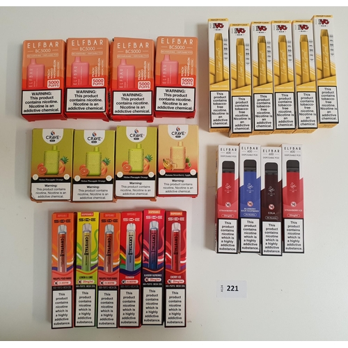 221 - SELECTION OF VAPES 
comprising four Elf Bars 600, four Elf Bar BC 5000, four Crave Mega, six IVG bar... 