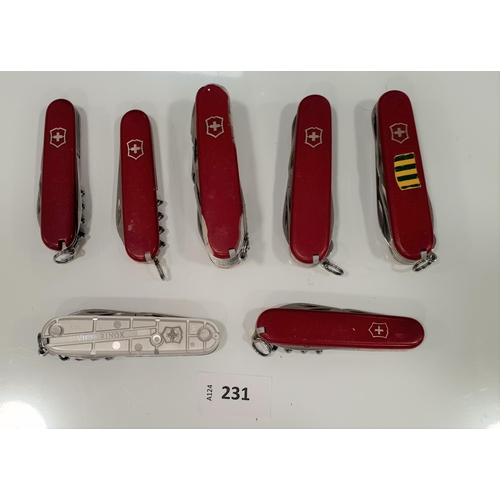 231 - SEVEN VICTORINOX SWISS ARMY KNIVES
of various sizes and designs (5)
Note: You must be over the age o... 